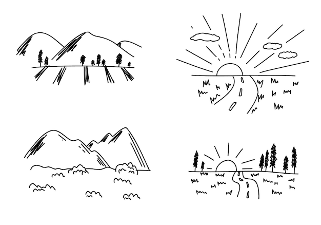 Vector doodle lindas montañas, naturaleza, caminata, colección de logotipos de línea aislada. ilustraciones vectoriales dibujadas a mano