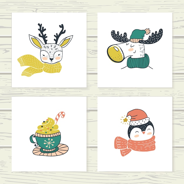 Doodle lindo animal. Dibujado a mano tarjetas de invierno