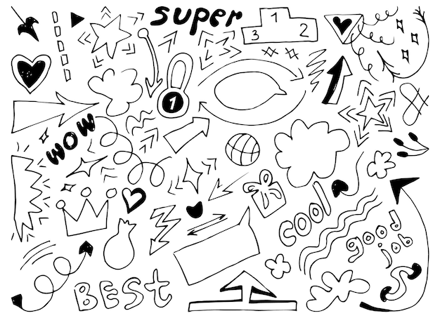 Doodle lindo brillo lápiz línea corazón flecha estrella chispa decoración estilo de boceto sencillo énfasis
