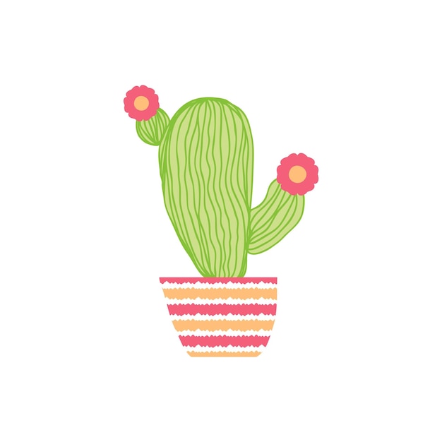 Doodle lindo cactus floreciente en una olla rayada Impresión perfecta para el cartel de pegatinas de camiseta Ilustración de vector aislado dibujado a mano para decoración y diseño