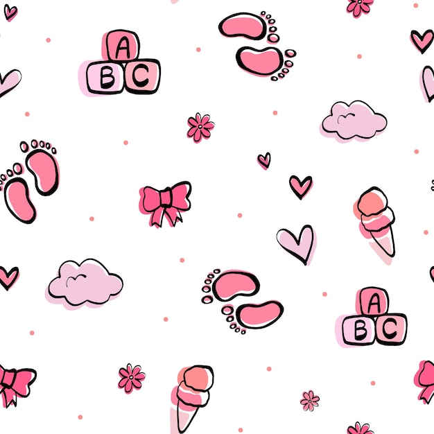 Doodle lindo dibujado a mano con lazo rosa helado niña abstracta huellas corazones flores blanco