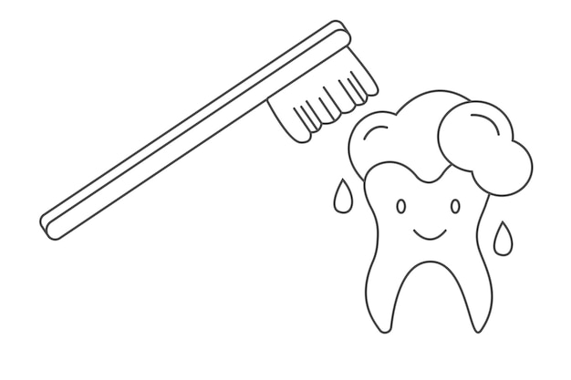 Vector doodle lindo diente con cepillo de dientes y pasta de dientes cuidado dental limpieza y prevención de dientes bucales