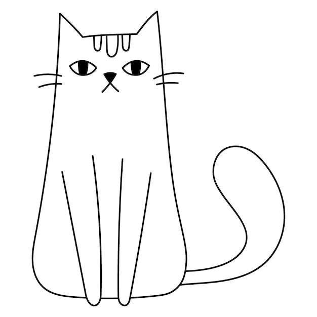 Doodle lindo gato divertido sentado. Dibujado a mano con líneas de contorno sobre fondo blanco Mascota