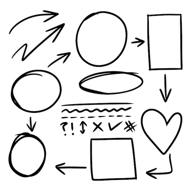 Doodle de líneas, flechas, círculos y curvas vector.Elementos de diseño dibujados a mano aislados sobre fondo blanco para infografía. ilustración vectorial.