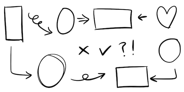 Doodle de líneas, flechas, círculos y curvas vector.Elementos de diseño dibujados a mano aislados sobre fondo blanco para infografía. ilustración vectorial.