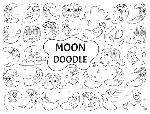 Doodle de luna dibujado a mano con diferente expresión facial