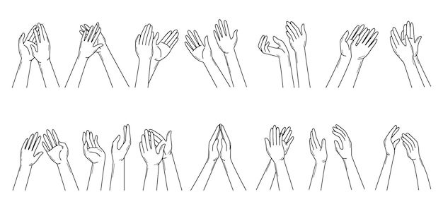 Doodle manos aplausos pulgar y aplaudir boceto de mano hombre mujer aclamando brazos Ayudando y caridad felicitación y celebrar neotérico conjunto de vectores de aplausos dibujo de mano ilustración