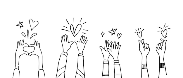 Vector doodle manos arriba manos aplaudiendo aplausos gestos felicitación negocio vector ilustración