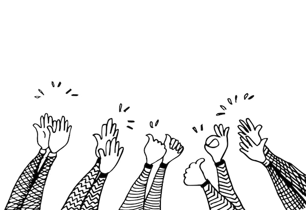 Doodle manos arriba, manos aplaudiendo. gestos de aplausos. felicidades negocio