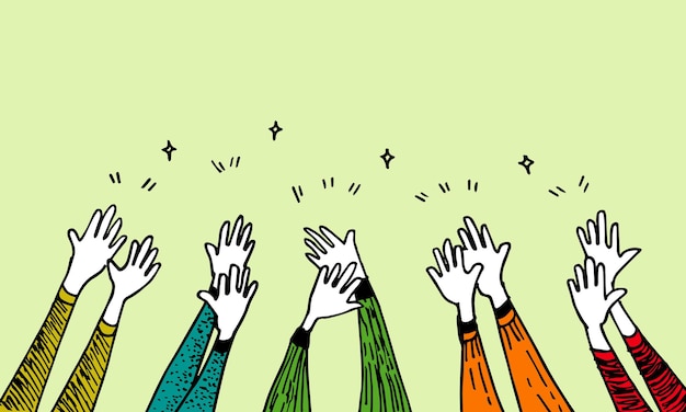 Doodle de manos arriba, manos aplaudiendo. gestos de aplausos. negocio de felicitaciones. ilustración vectorial