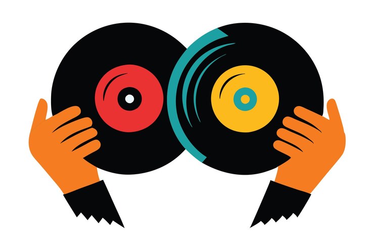 Vector doodle manos sosteniendo discos de vinilo antiguos ilustración de arte pop retro con medio tono