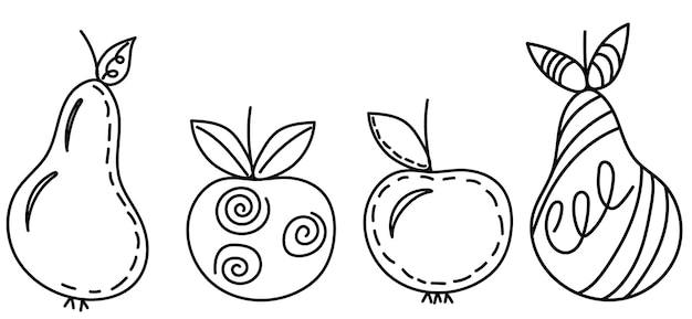 Doodle manzanas peras bosquejo del esquema sobre fondo blanco