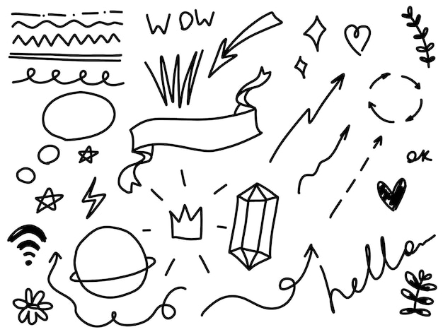 Vector doodle marcos línea flechas planeta estrellas diamante hola wow texto corona sketch conjunto lindo aislado