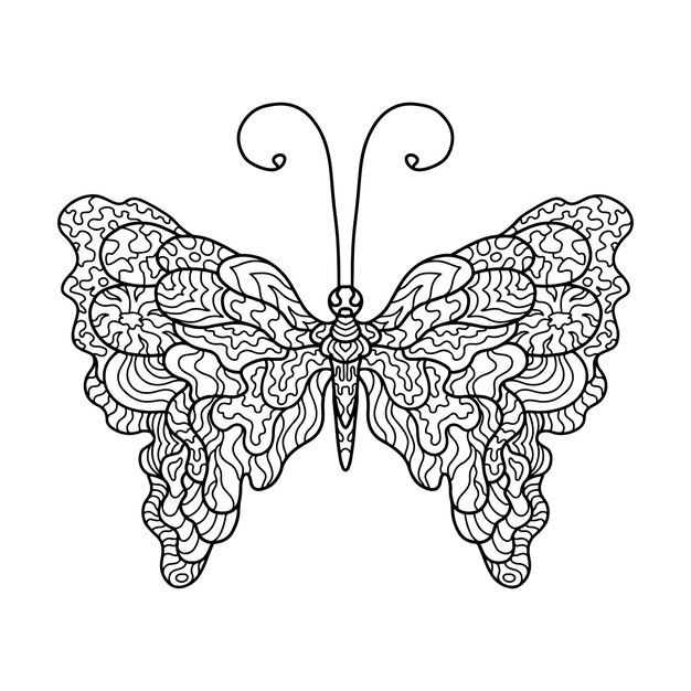 Doodle de mariposa de página para colorear negro. dibujo de contorno de contorno. ilustración de línea vectorial