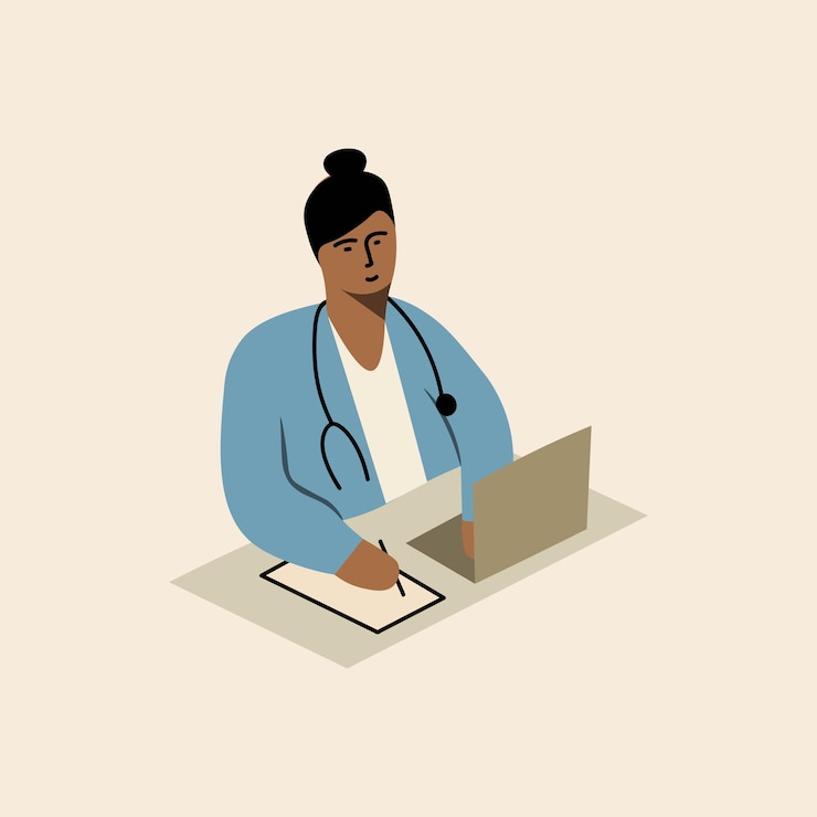 Vector doodle médico dando consejos al paciente en línea a través de una computadora portátil