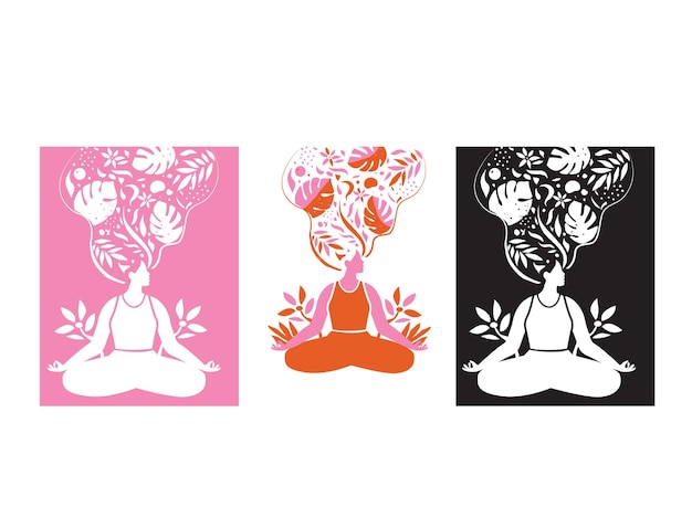 Doodle de meditación de chica de yoga con ilustración de la naturaleza