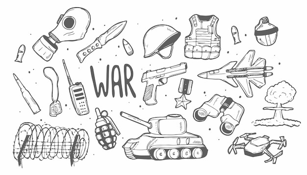 Doodle Military and War set Sketch ilustraciones del concepto de guerra Lineart aislado en blanco
