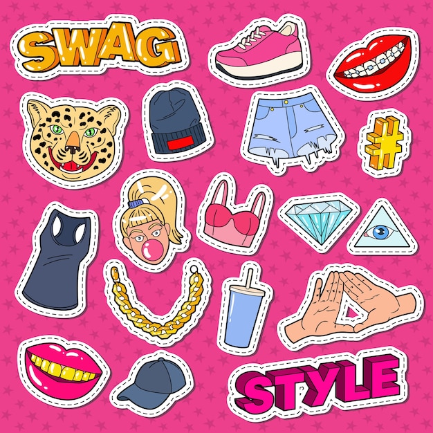 Vector doodle de moda adolescente estilo botín con labios