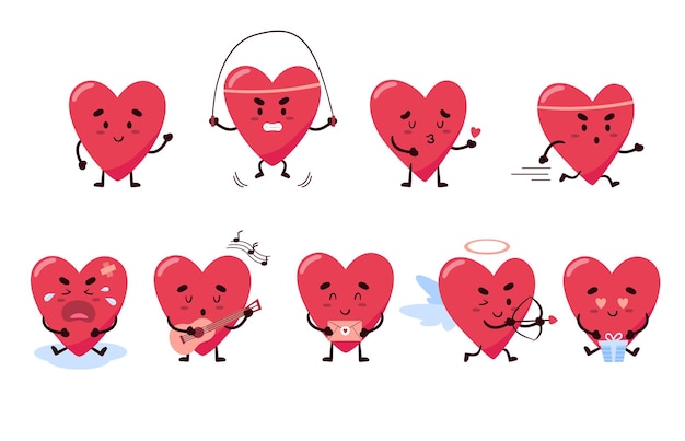 Doodle de moda lindo personaje corazón rojo Personaje de dibujos animados ilustración vectorial plana Paquete de pegatinas