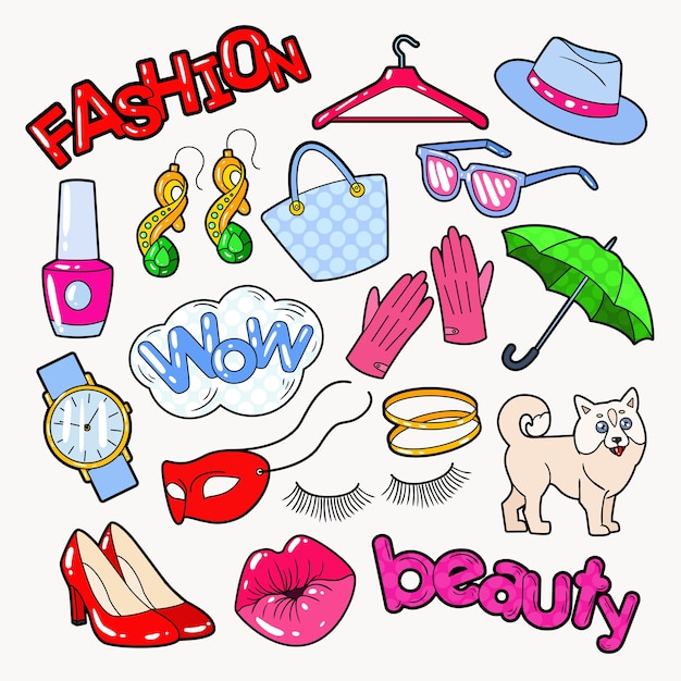 Vector doodle de moda de mujer con accesorios y ropa