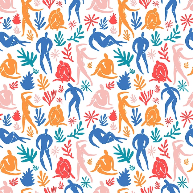 Doodle de moda de patrones sin fisuras e iconos de personas abstractas sobre fondo blanco Colección de verano formas inusuales en estilo de arte matisse a mano alzada Incluye arte floral de personas
