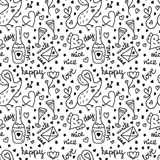 Doodle monocromo de patrones sin fisuras de san valentín con ratones lindos perfecto para envolver papel fondo tela textil ilustración de vector de estilo retro para decoración y diseño