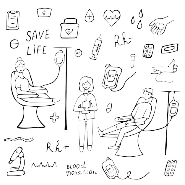 Doodle mundo donante de sangre día vector set iconos