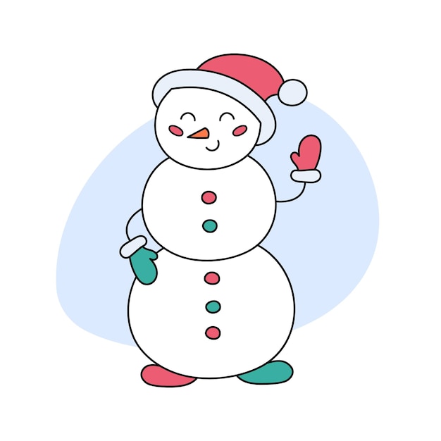 Doodle de muñeco de nieve aislado Ilustración vectorial de muñeco de nieve de dibujos animados lindo en gorro de Papá Noel Símbolo de Navidad e invierno