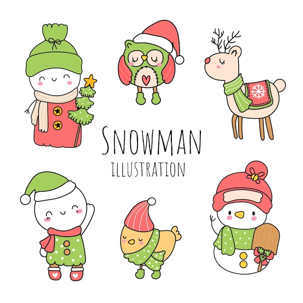 Doodle de muñeco de nieve, dibujos animados de muñeco de nieve. Ilustración vectorial
