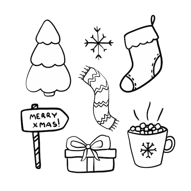 Doodle de Navidad de año nuevo de vector set colección de arte de clip de vacaciones de invierno aislado en blanco