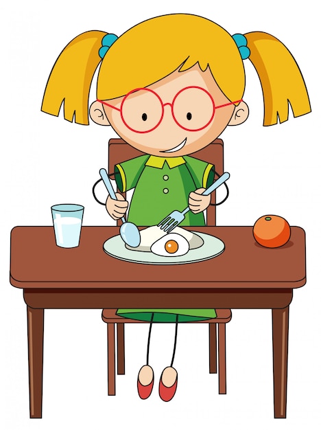 Vector doodle niña charcter desayunando