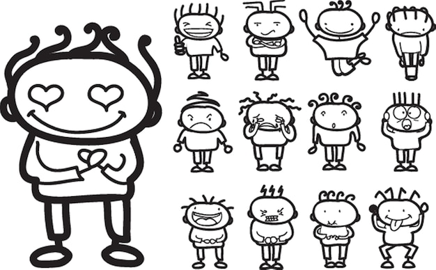 Doodle niños felices incompletos saltando con alegría contorno blanco y negro