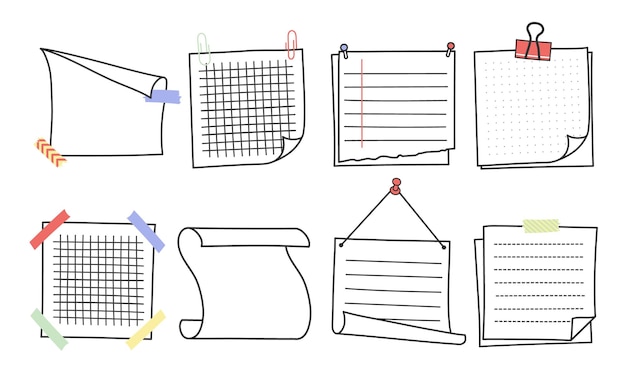 Doodle notas y recordatorios dibujados a mano conjunto de ilustraciones vectoriales