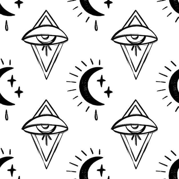 Doodle ojos psicodélicos de patrones sin fisuras. Boho Occult Wallpaper y fondo de superficie textil. . Ilustración vectorial