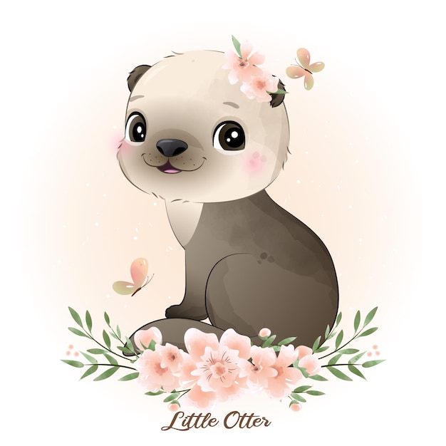 Doodle Otter con ilustración acuarela de corona de flores