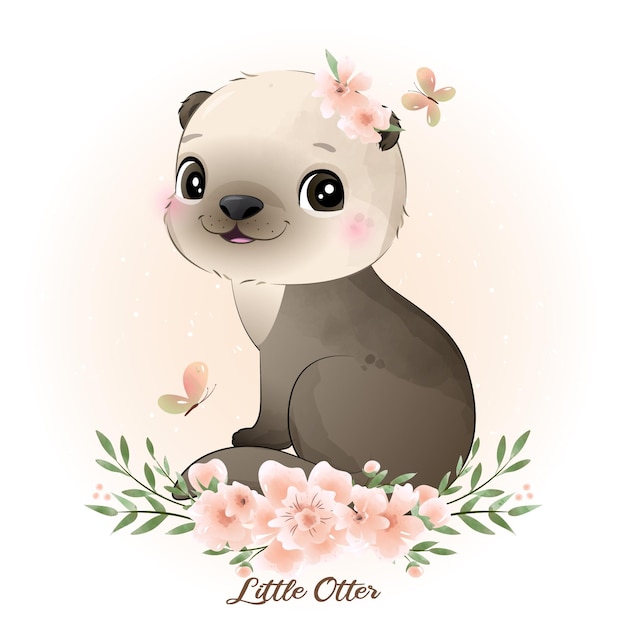 Doodle otter con ilustración acuarela de corona de flores