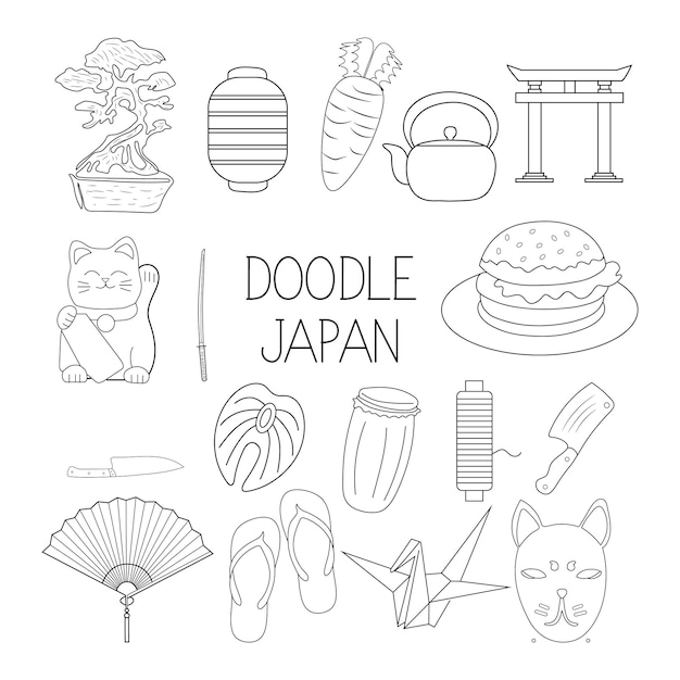 Doodle Pack vectorial japonés Clipart japonés Ilustración de dibujo a mano japonés