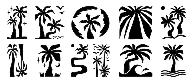 Doodle palmas dibujadas a mano boho elementos de silueta audaces de moda juego de iconos de póster de palma hippie