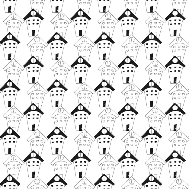 Doodle patrón dibujado a mano con casas en blanco y negro edificios de arte de línea perfecta para estampados de tela para niños