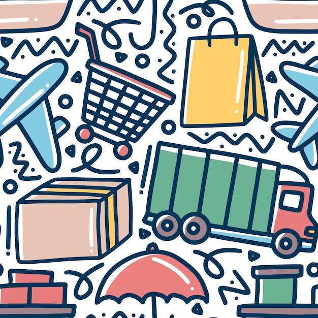 Doodle patrón de dibujo a mano de envío con iconos y elementos de diseño