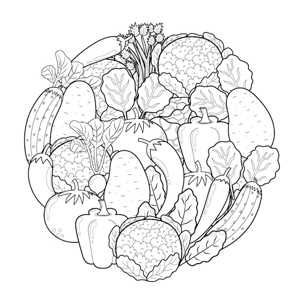 Doodle patrón de forma de círculo de verduras para colorear libro mandala de alimentos página para colorear