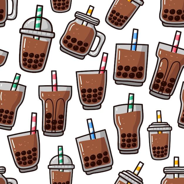 Doodle de patrones sin fisuras de la bebida de té de burbujas Boba.