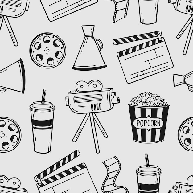 Doodle de patrones sin fisuras cine tablero de aleteo película palomitas de maíz 3d glasse altavoz ilustración vectorial