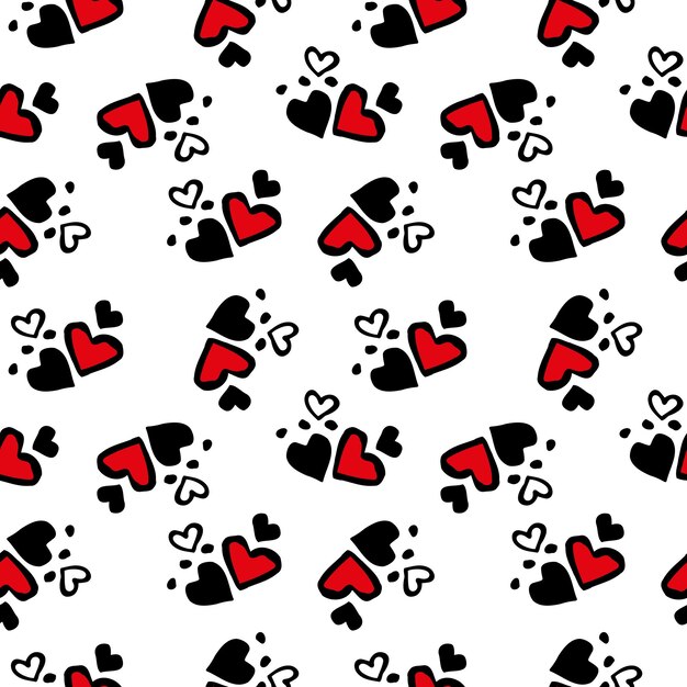 Doodle de patrones sin fisuras corazones negro rojo blanco