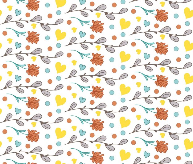 Doodle de patrones sin fisuras con flores ramitas brotes de sauce corazones Vector textura papel regalo textil