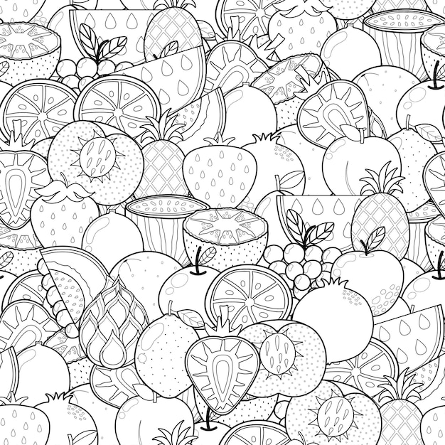 Doodle de patrones sin fisuras frutas para colorear libro alimentos página para colorear fondo blanco y negro