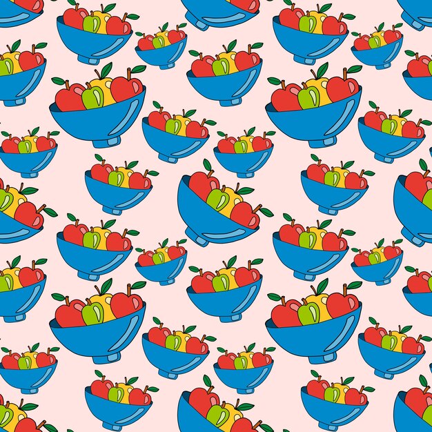 Doodle de patrones sin fisuras con frutas en el florero. Manzanas en el fondo del cuenco.