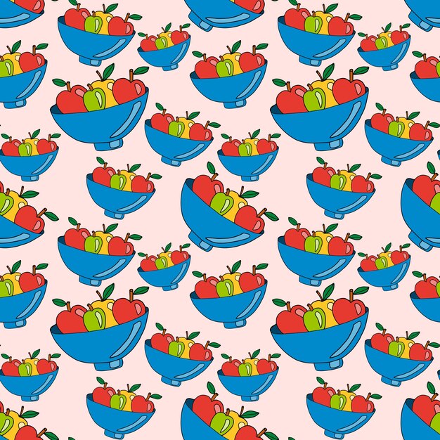 Doodle de patrones sin fisuras con frutas en el florero. Manzanas en el fondo del cuenco.