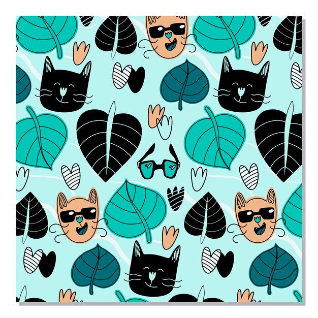 Doodle de patrones sin fisuras con gatos divertidos y hojas Gato con gafas Diseño de dibujos animados para imprimir