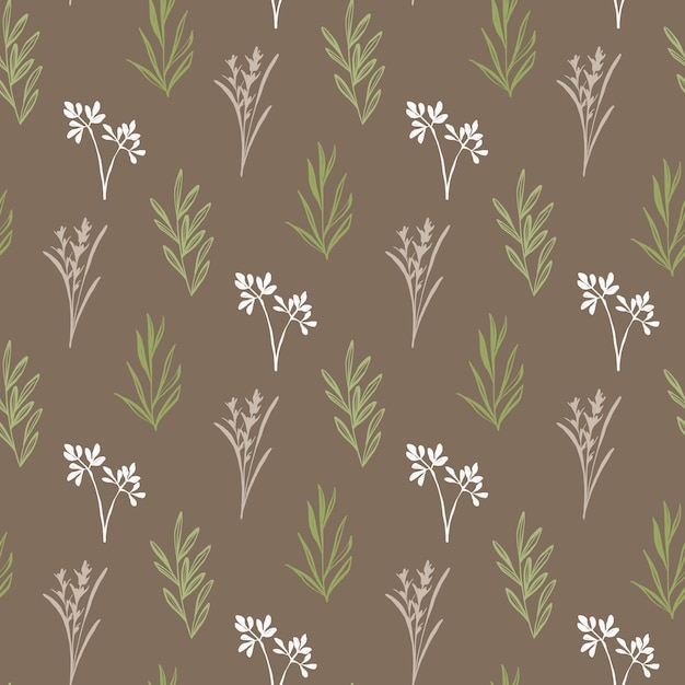 Doodle de patrones sin fisuras de hierbas y plantas. Fondo de papel textil y de embalaje orgánico. Textura transparente con elementos de la naturaleza. Ilustración vectorial